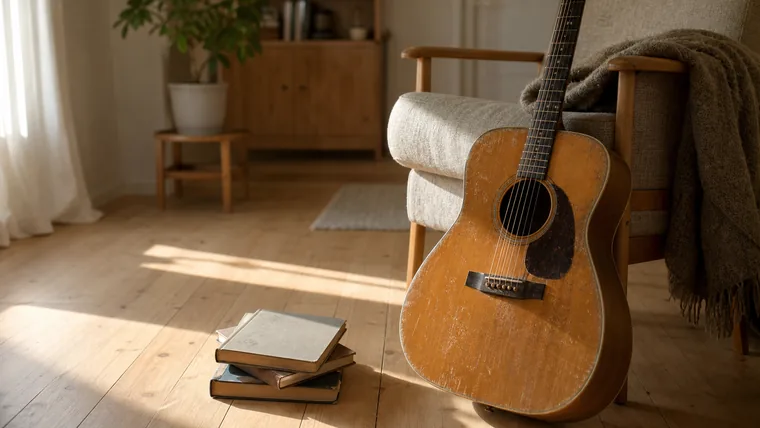 En begagnad akustisk gitarr med synliga spelmärken på locket vilar mot en stol i ett ljust vardagsrum.