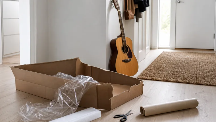 Nyss uppackad instrumentkartong i en svensk hall med en akustisk gitarr lutad mot väggen.