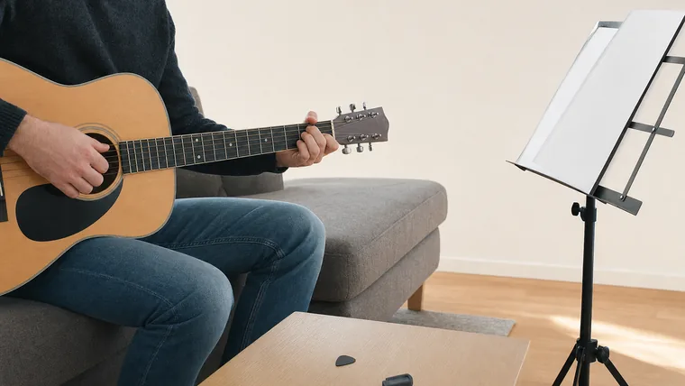 Person sitter i soffan med en stålsträngad akustisk gitarr i knät i ett ljust vardagsrum