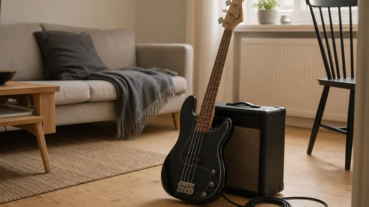 Elbas lutad mot en liten övningsförstärkare i ett vardagsrum med instrumentkabel på golvet
