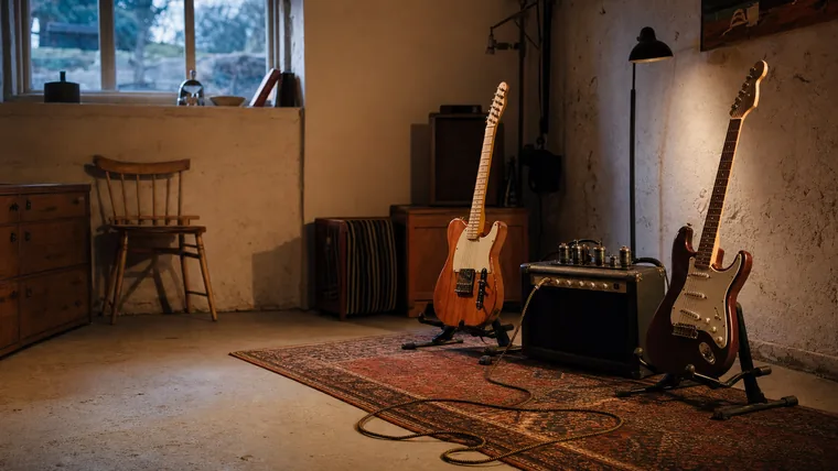 Två elgitarrer i ställ bredvid en förstärkare i ett hemmarepetitionsrum med varmt kvällsljus.
