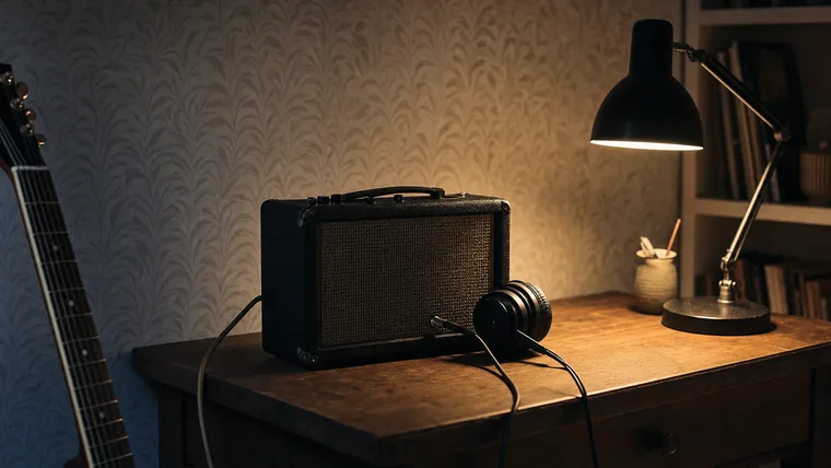 Liten gitarrförstärkare med hörlurar inkopplade på ett skrivbord i ett hemmarum en kväll.