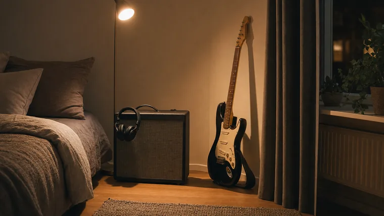 Liten gitarrkombo med hörlurar hängande över handtaget bredvid en elgitarr i ett kvällsupplyst rum.