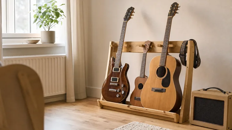 Tre olika gitarrer, en elgitarr, en stålsträngad akustisk och en ukulele, lutade mot varandra i ett stativ i ett ljust övningsrum.