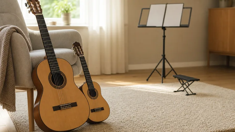 Klassisk nylonsträngad gitarr lutad mot en fåtölj bredvid en mindre barngitarr i ett ljust vardagsrum.