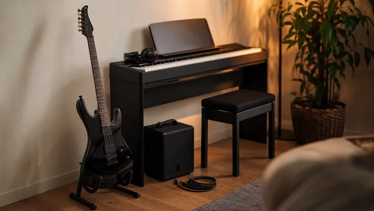 Musikhörna i ett vardagsrum med elgitarr i stativ, digitalpiano och en liten förstärkare i kvällsljus.