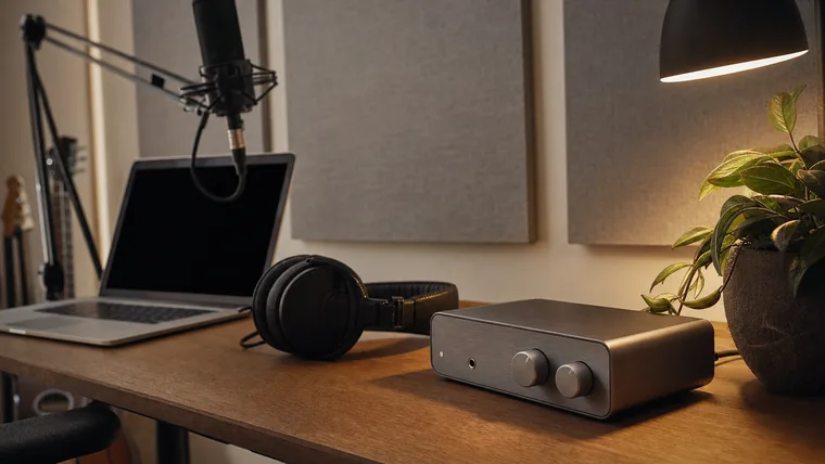 Litet USB-ljudkort på ett skrivbord i en hemmastudio, med mikrofon på bomarm och hörlurar i kvällsljus.