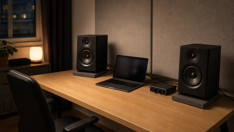 Ett par aktiva studiomonitorer på isolatorplattor vid ett skrivbord i en hemmastudio, riktade in mot lyssningsplatsen.