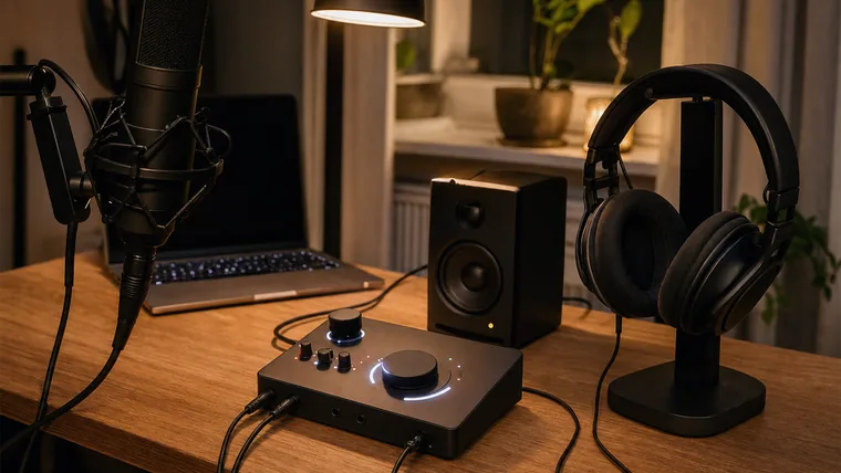 Skrivbord i en hemmastudio med ljudkort, mikrofon på stativ, ett par hörlurar och en liten studiomonitor uppställda tillsammans.