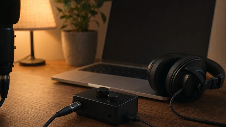 Litet USB-ljudkort på ett skrivbord med mikrofonkabel, hörlurar och en laptop bakom.