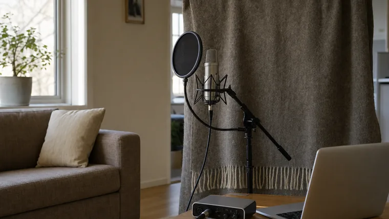 Stormembransmikrofon med popfilter på galgstativ i ett vardagsrumshörn med en filt hängande bakom mikrofonen.