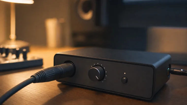 Ett litet ljudkort på ett skrivbord med en ansluten XLR-kabel, gain-ratten synlig i förgrunden i kvällsljus.