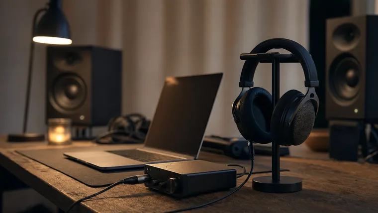 Ett par öppna studiohörlurar på ett stativ bredvid ett ljudkort, med två studiomonitorer suddigt synliga i bakgrunden.