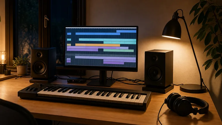Hemmastudio med datorskärm, MIDI-klaviatur och studiolurar på ett skrivbord i kvällsljus.