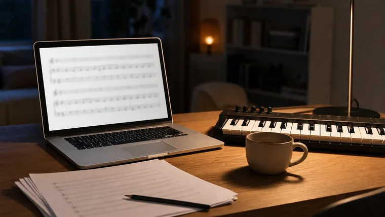 Skrivbord med laptop, MIDI-klaviatur och utskrivna notblad i kvällsljus hemma hos en arrangör.