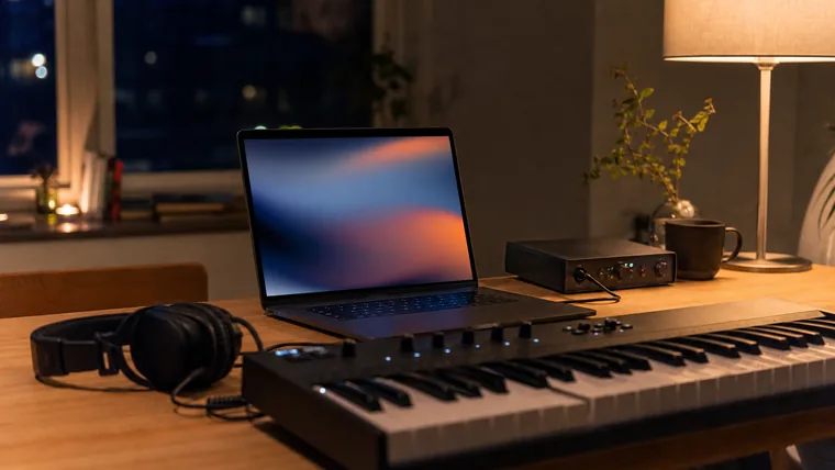 Hemmastudio med laptop, ljudkort och MIDI-keyboard på ett skrivbord i kvällsljus.