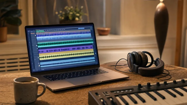 Bärbar dator som visar ett gratis musikprogram med färgade spår, hörlurar liggande bredvid på ett skrivbord hemma.