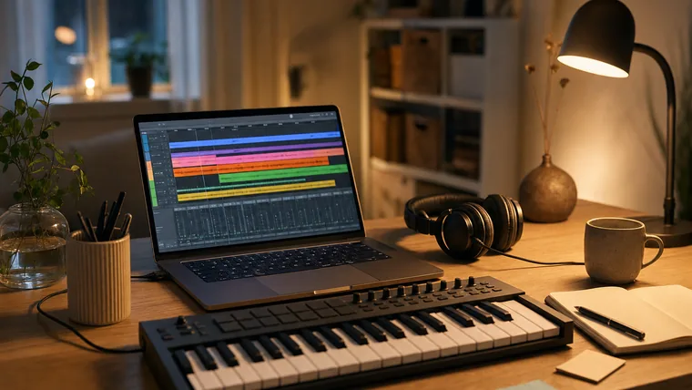 Bärbar dator med ett musikprograms färgade ljudspår öppna, ett litet MIDI-keyboard och hörlurar på ett skrivbord hemma.