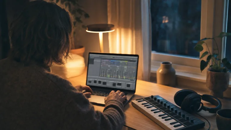 En person arbetar med musikprogram vid ett skrivbord hemma, med ett litet MIDI-tangentbord och hörlurar i mjukt kvällsljus.
