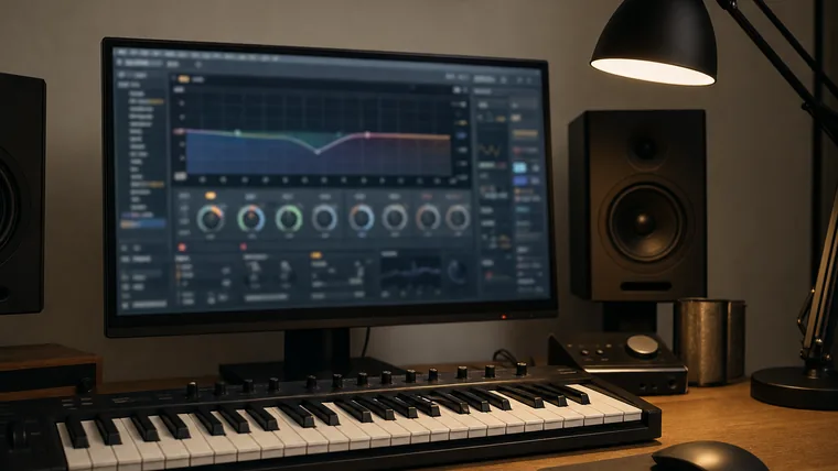Datorskärm med ett musikprograms pluginfönster öppet, suddiga reglage och knappar utan läsbar text, tangentbord i förgrunden.