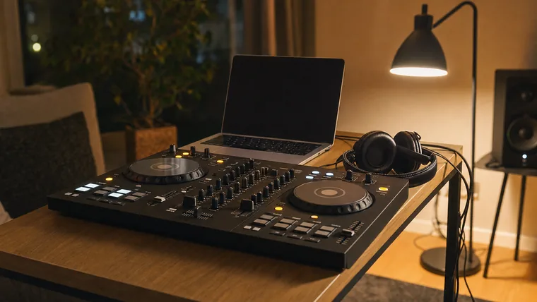 DJ-controller och laptop på ett bord i ett kvällsmörkt vardagsrum med varmt lampljus.