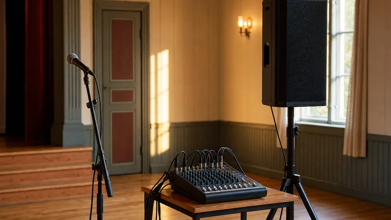 Mikrofon på stativ, ett litet mixerbord och en PA-högtalare uppställda i rad på en liten scen inför en spelning.