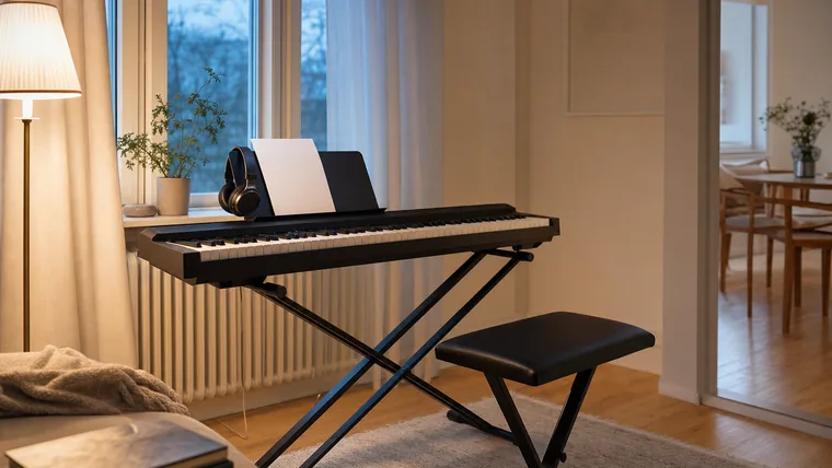 Digitalpiano på stativ vid ett fönster i en svensk lägenhet, med hörlurar på notstället och varmt kvällsljus.