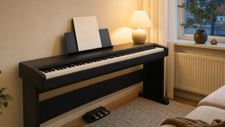 Ett digitalpiano med fullstora tangenter i ett ljust vardagsrum, notställ uppfällt och en lampa tänd i skymningen.