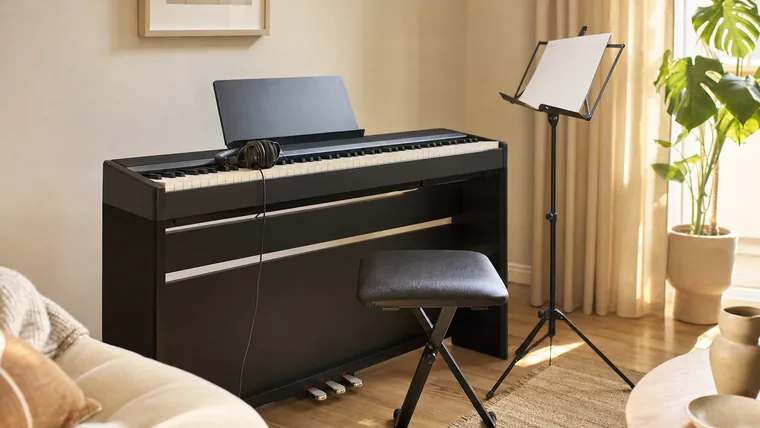 Digitalpiano mot väggen i ett ljust vardagsrum med hörlurar på tangenterna och noter bredvid.