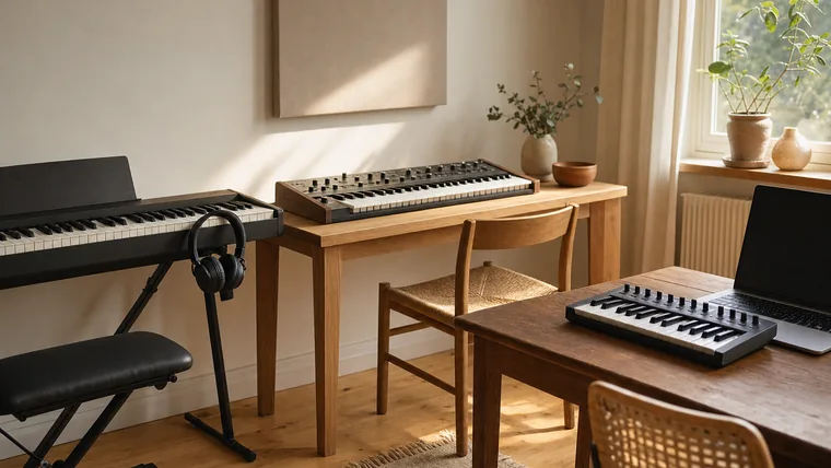 Ett digitalpiano, ett keyboard och ett kompakt MIDI-keyboard uppställda bredvid varandra i ett ljust hemmastudiohörn.