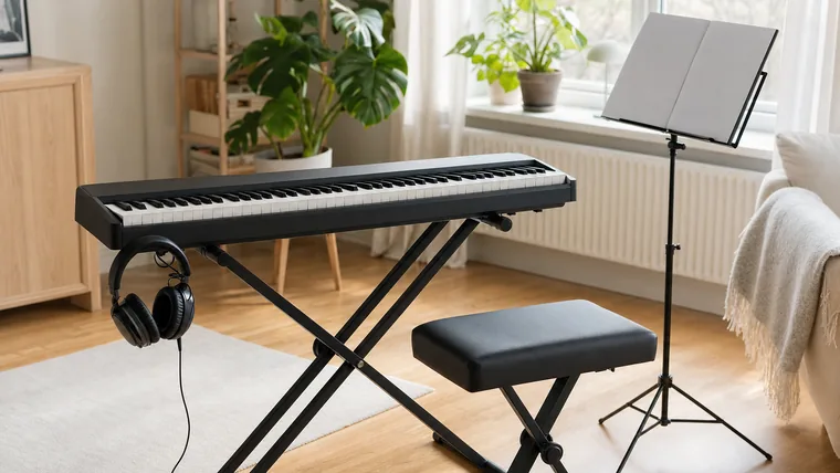 Keyboard på stativ i ett ljust vardagsrum med hörlurar hängande över klaviaturen.