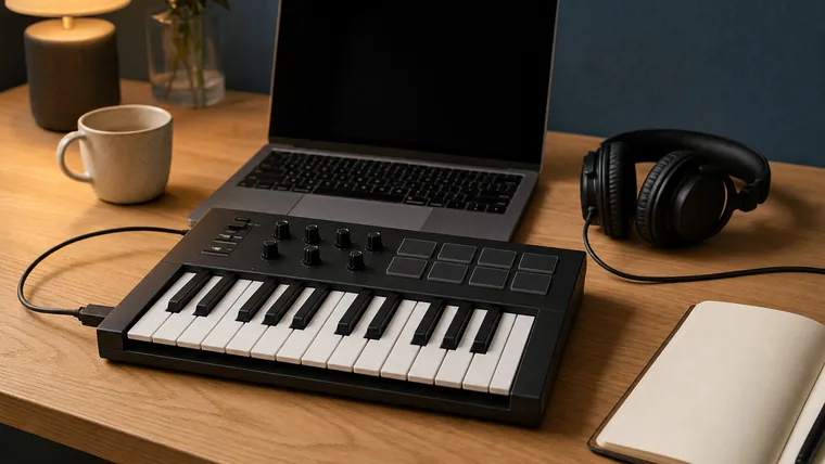 Kompakt MIDI-keyboard framför en laptop på ett skrivbord med studiohörlurar bredvid.