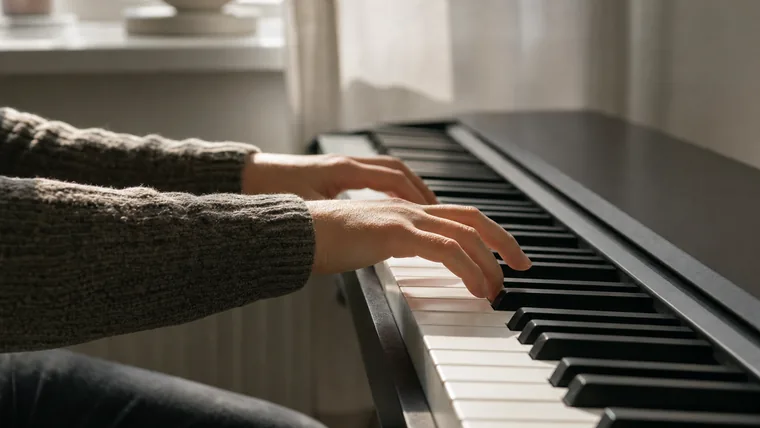 Närbild på ett par händer som spelar på ett digitalpiano med vita och svarta tangenter i mjukt fönsterljus.
