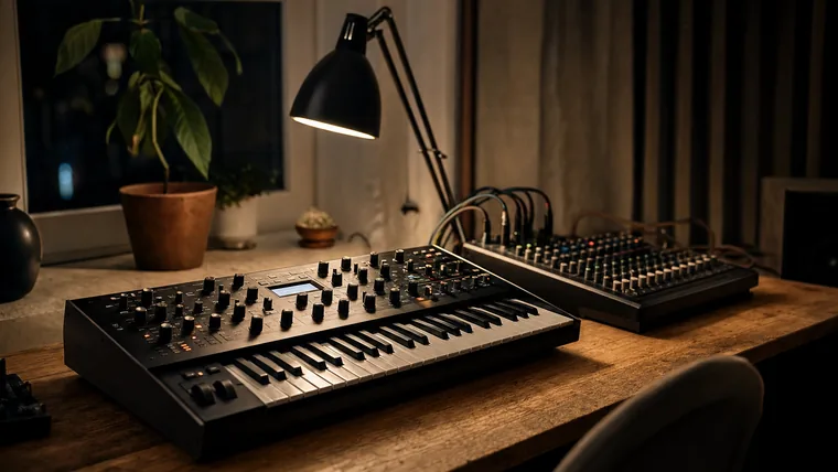 En synt med pekare och skärm på ett studiobord kvällstid, kablar prydligt dragna till ett litet mixerbord i bakgrunden.