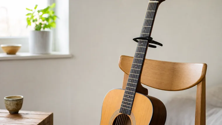 En capo sitter monterad strax bakom ett band på greppbrädan på en akustisk gitarr som lutar mot en stol.