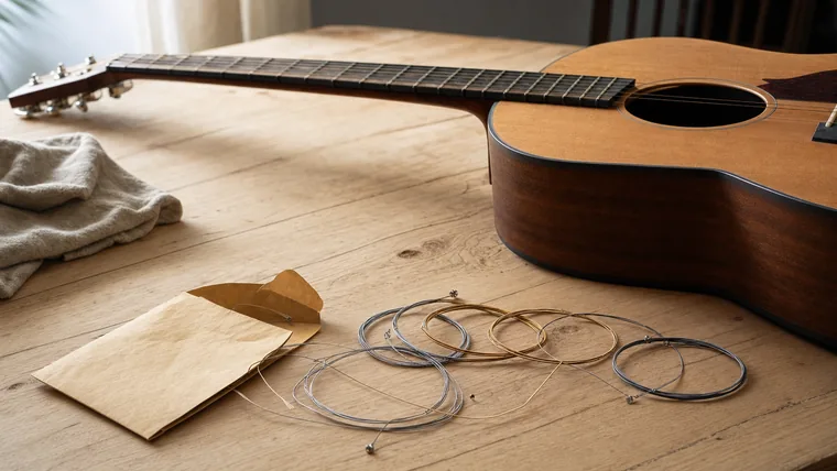 Ett öppet paket gitarrsträngar i olika tjocklekar ligger bredvid en akustisk gitarr på ett träbord.