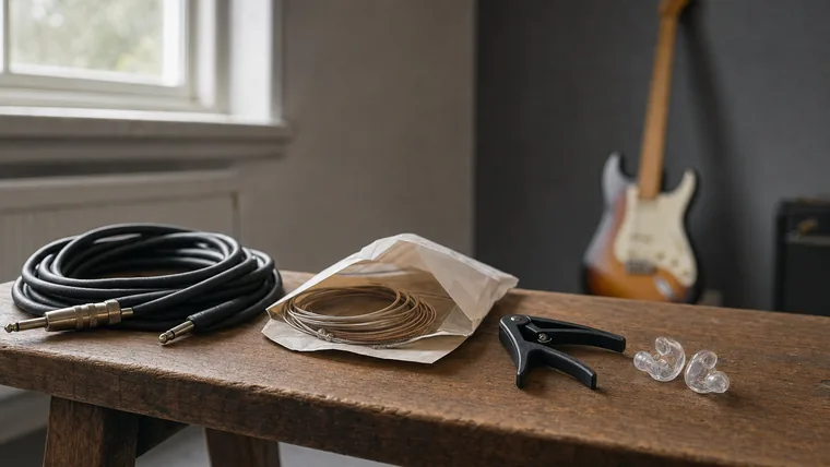 En gitarrkabel, ett paket gitarrsträngar, en capo och ett par öronproppar utlagda på en trärepbänk i en replokal.