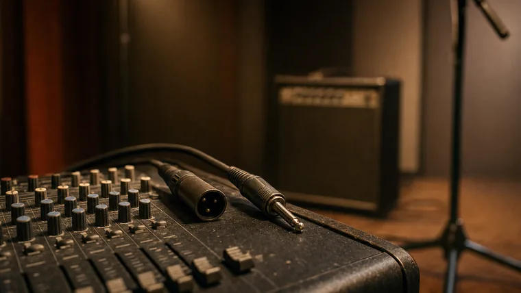 Närbild på en XLR-kabeländ och en telekabeländ som ligger bredvid varandra på ett mixerbord i en replokal.